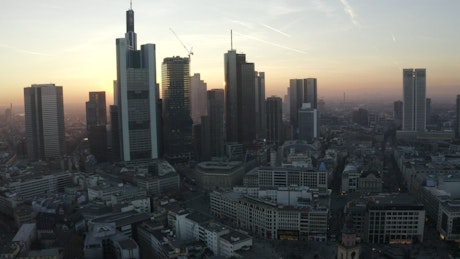 Sunrise behind the skyscrapers of Frankfurt.