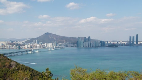 The ocean and Busan city in the background.