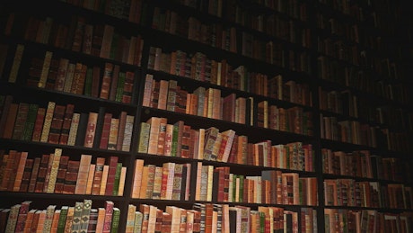 Thousands of books in a dark library archive.