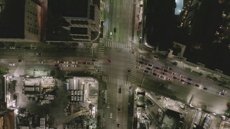 Traffic on an avenue at night, aerial top shot
