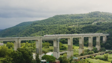 火车从绿色山谷中间的一座桥上驶过