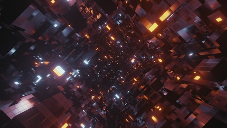 Traveling through a tunnel of black cubes in 3D.