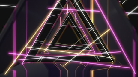 Triangular tunnel of mirrors and neon lights.