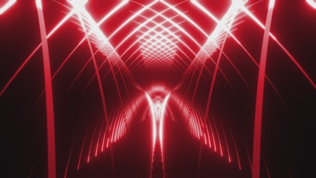 Tunnel of curved lines of red light.