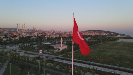 Turkey flag on top of a city