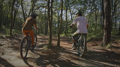 Two cyclists riding through a forest.