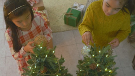 Two girls decorating a Christmas tree