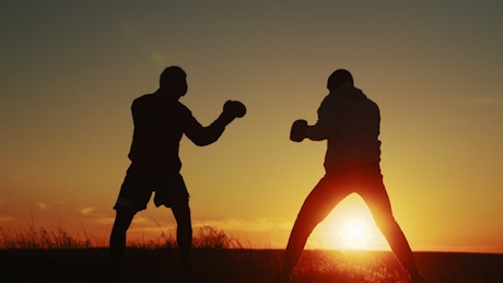 Two men practicing their punching techniques in the early morning.