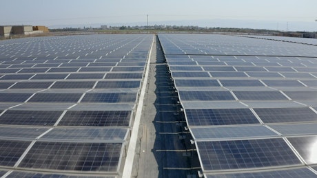 View of a solar panel farm generating sustainable energy.