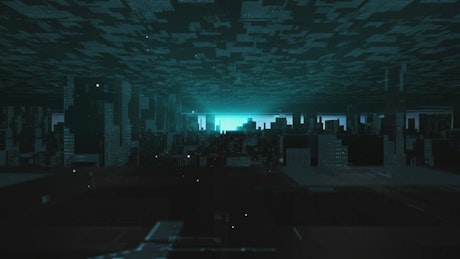 Virtual futuristic city with buildings.