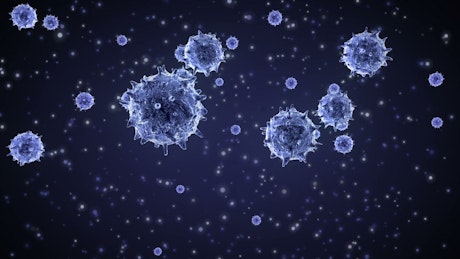 Virus entities floating under a microscope.