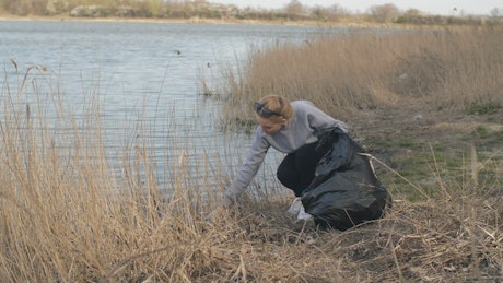 Volunteer cleaning trash from nature.