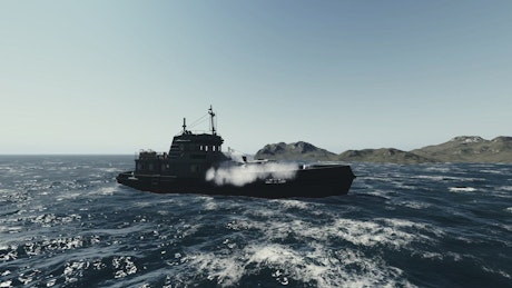 War ship shooting a rocket missile.