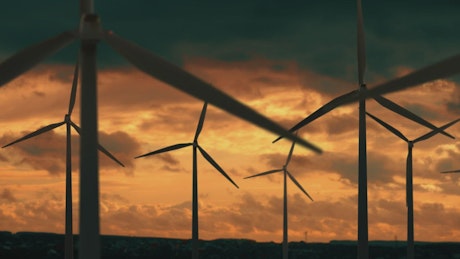 Wind turbine farm in a sunset.