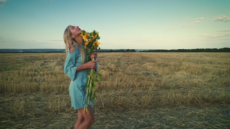 干燥田野里的女人和向日葵，时尚理念