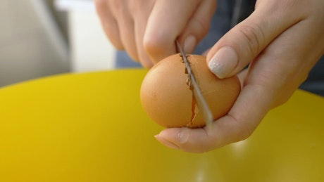 Woman cracking an egg into a bowl with a knife.