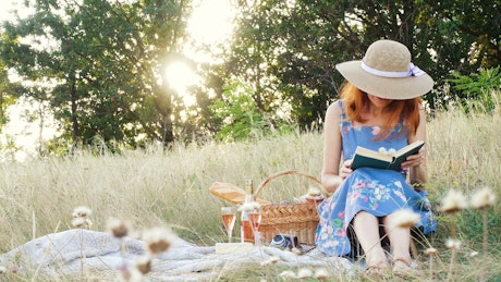 Woman reading a book on a picnic day