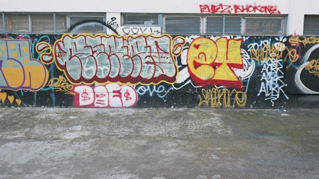 Woman skateboarding past a graffitied wall