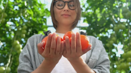 Woman smelling fresh tomatoes in a greenhouse.
