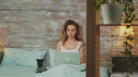 Woman working from her bed with her pet.