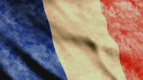 Worn France flag waving, full screen.