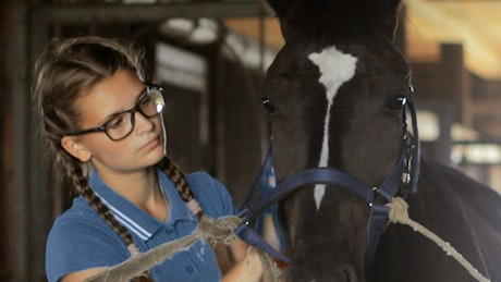 Young woman with brains taking care of her horse in a stable.