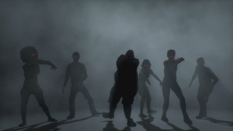 Zombies with red glowing eyes stumbling through the smoke.
